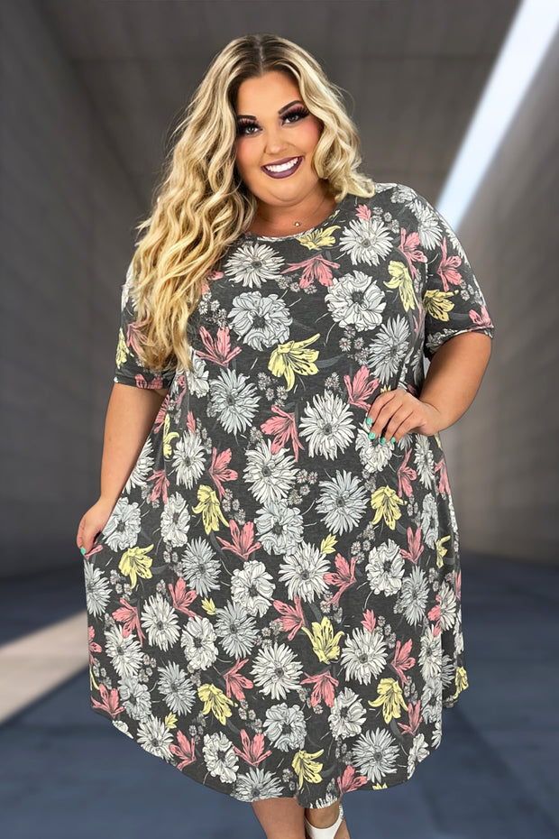 23 PSS-J {Gentle Beauty} Charcoal Floral Dress w/Pockets EXTENDED PLUS SIZE 4X 5X 6X