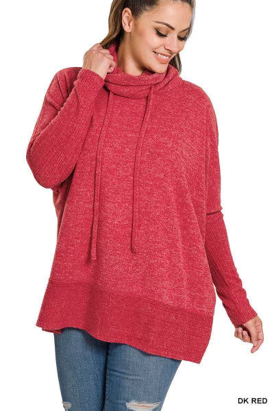 30 SLS-D {Warm Hugs} Dk Red Cowl w/Drawstring Neck Top PLUS SIZE XL 2X 3X