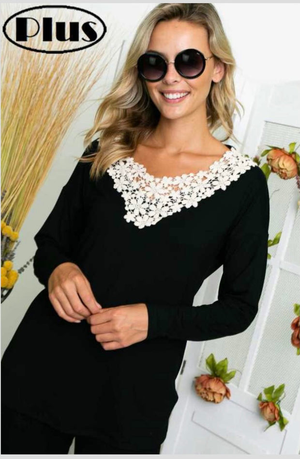 32 SD-O {Shine Like A Diamond} Black Top W/Lace Detail PLUS SIZE 1X 2X 3X