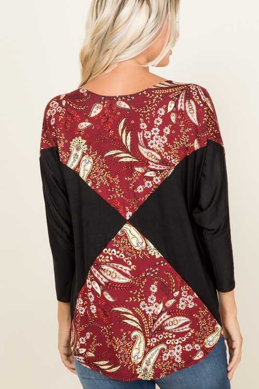 CP-P {Harvest Blessing}  Maroon Black Paisley Print Top PLUS SIZE XL 2X 3X