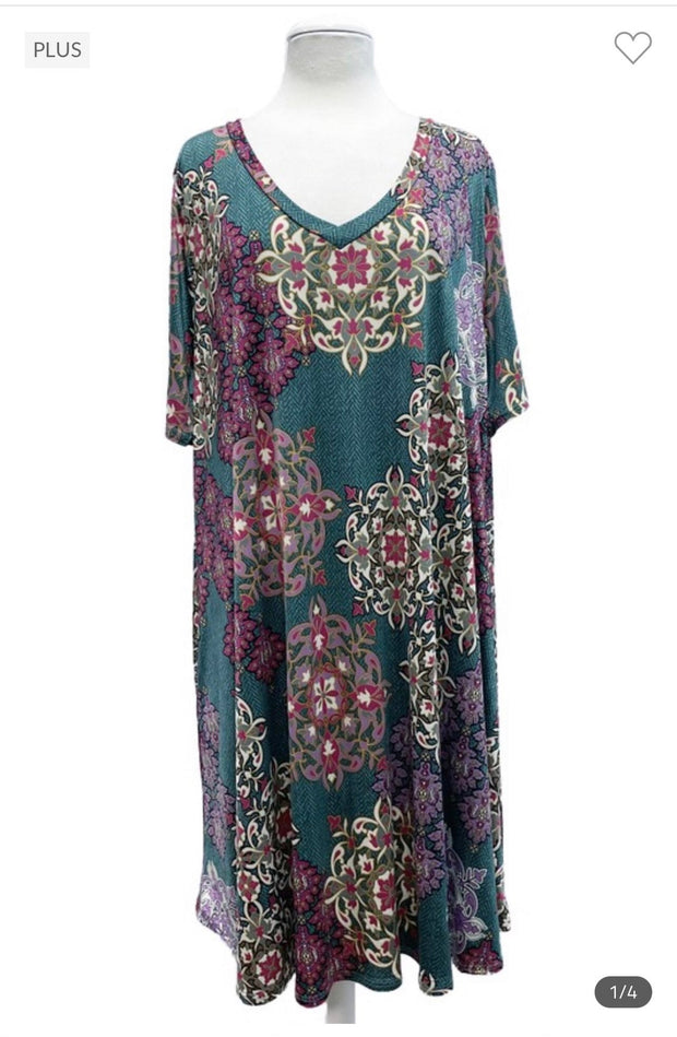 75 PSS-C {Come Along With Me} Hunter Green Print V-Neck Dress EXTENDED PLUS SIZE 3X 4X 5X