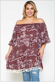 85 OS-C {Boho Paisley} BURGUNDY Sale!  Paisley Top W/Fringe EXTENDED PLUS SIZE 4X 5X 6X FLASH SALE!!!