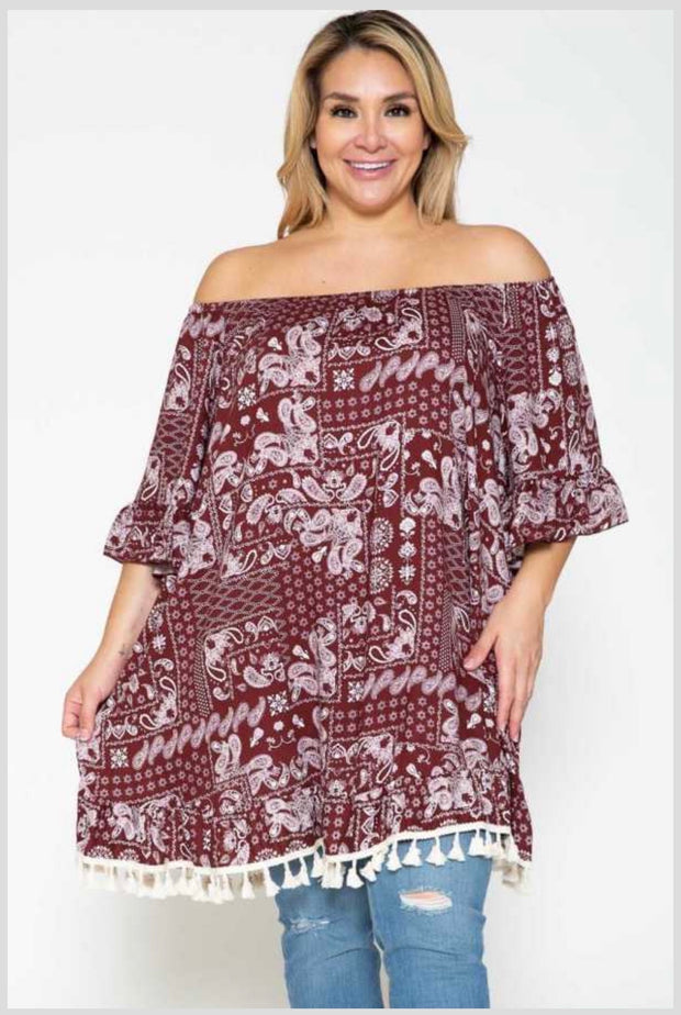 85 OS-C {Boho Paisley} BURGUNDY Sale!  Paisley Top W/Fringe EXTENDED PLUS SIZE 4X 5X 6X FLASH SALE!!!