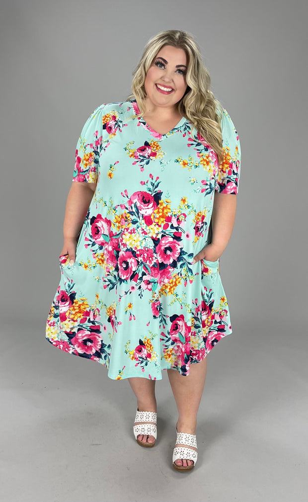 67 PSS-P {Worth Every Penny} Mint Floral V-Neck Dress EXTENDED PLUS SIZES 3X 4X 5X