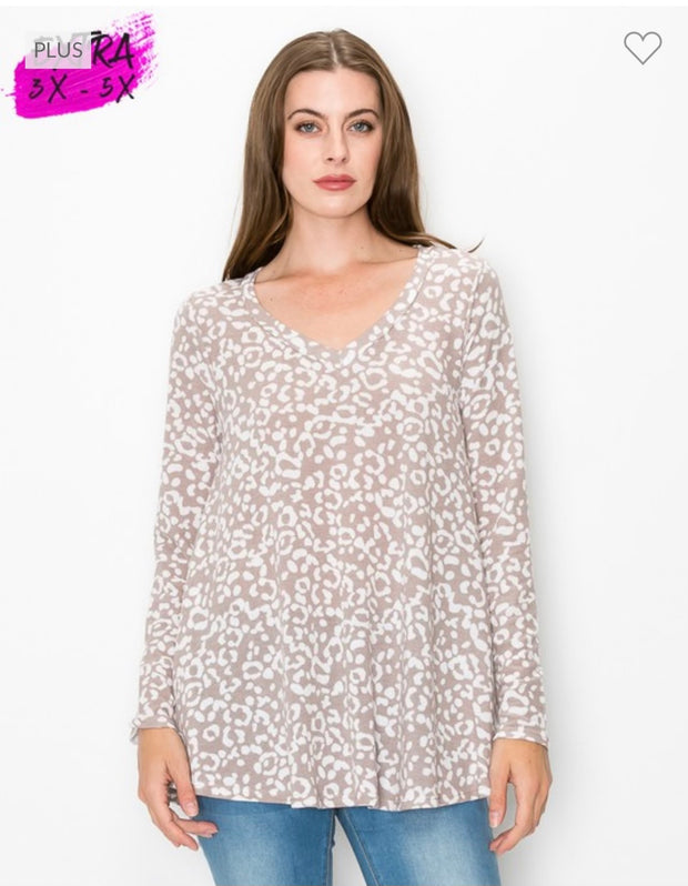 26 PLS-B {One Day Soon} Taupe Animal Print V-Neck Top EXTENDED PLUS SIZE 3X 4X 5X