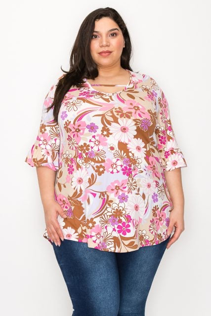 52 PQ-Q {Let It Be Now} Mocha/Pink Floral V-Neck Top CURVY BRAND!!! EXTENDED PLUS SIZE 4X 5X 6X