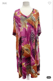 53 PSS-I {Stroke Of Luck} Fuchsia Animal Print V-Neck Dress EXTENDED PLUS SIZE 3X 4X 5X