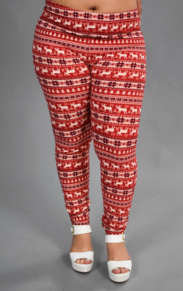 LEG-27 Happy Holidays Red Snowflake/Deer Leggings X-PLUS