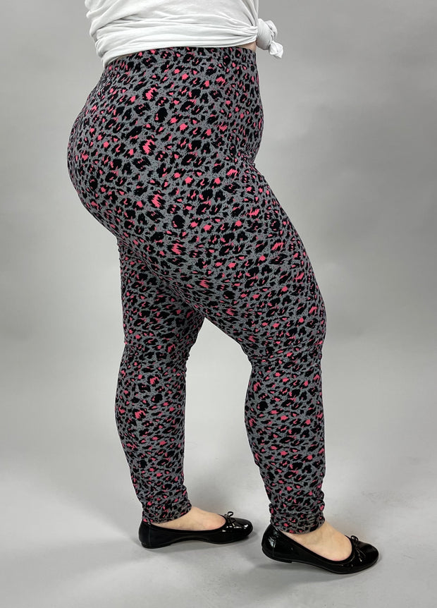 LEG-L {Leopard Life} Grey/Pink Leopard Printed Leggings EXTENDED PLUS SIZE