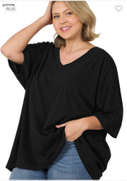 46 SSS-H {Charm Me} Black Oversized V-Neck Top PLUS SIZE 1X 2X 3X