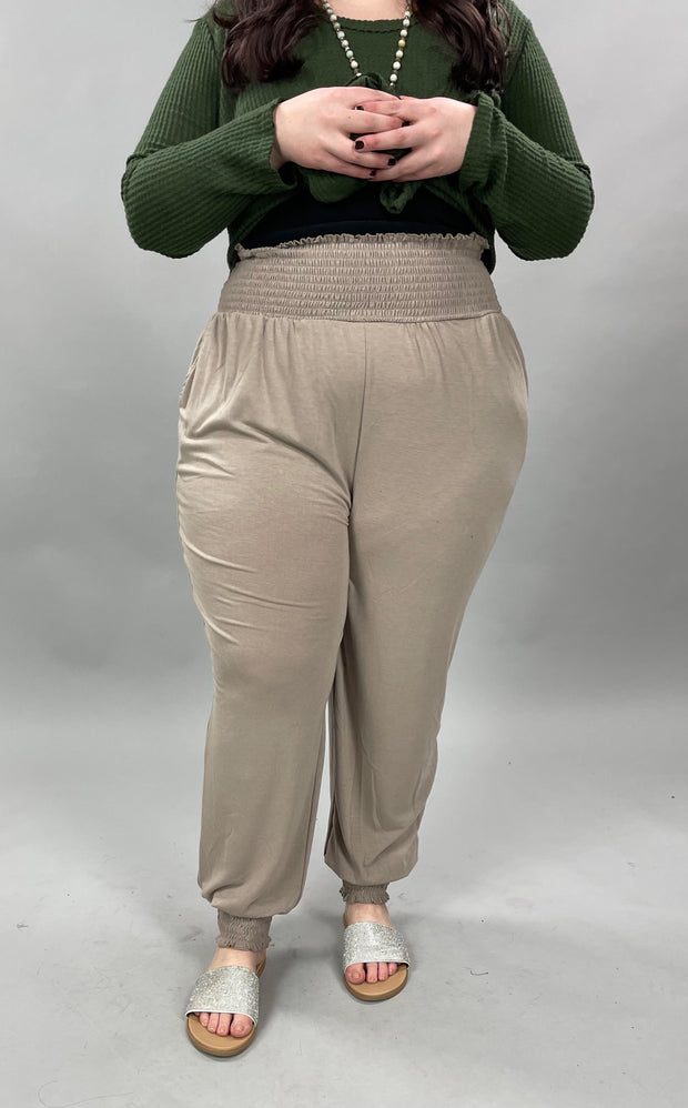 LEG-52 {Going Anywhere} Ash Mocha Smocked Cuff Jogging Pants PLUS SIZE 1X 2X 3X