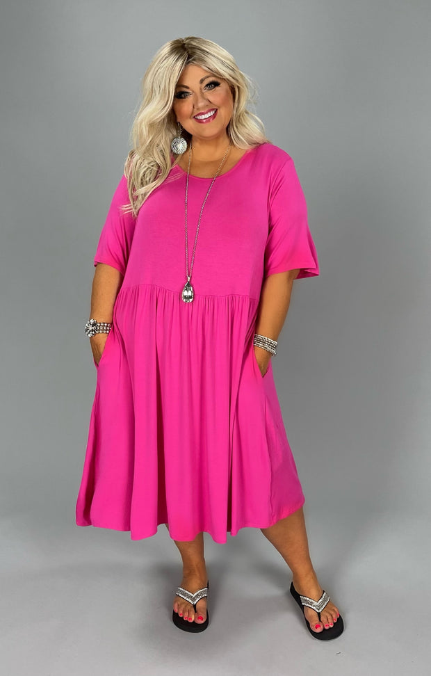 LD-M {Play It Cool} Fuchsia Babydoll Dress w/Pockets CURVY BRAND EXTENDED PLUS 1X 2X 3X 4X 5X 6X