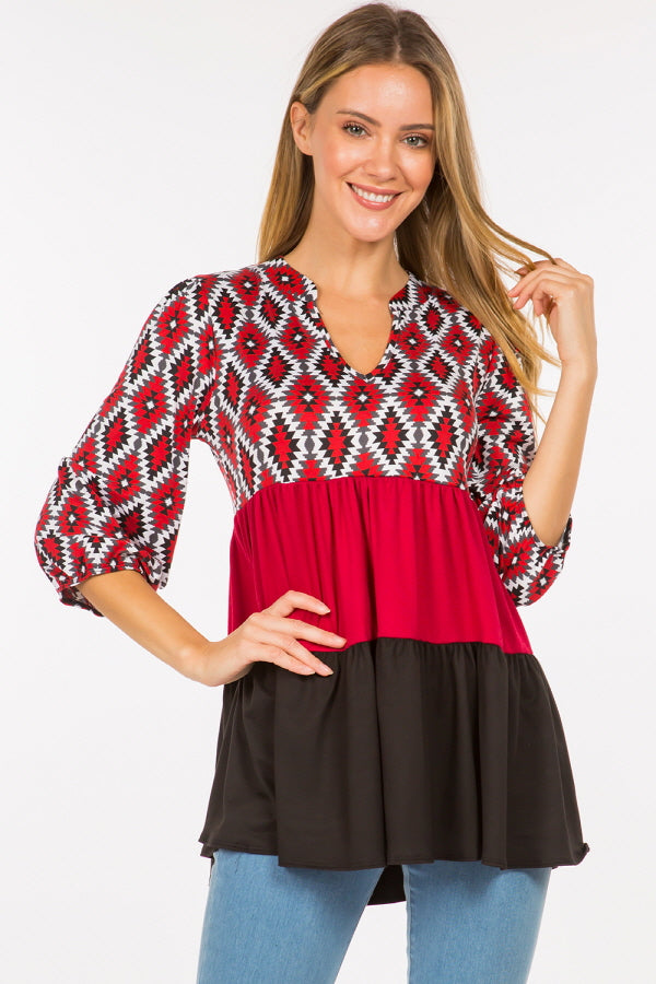 77 CP-B [Breaking Even} Red Print Tiered Top PLUS SIZE 1X 2X 3X