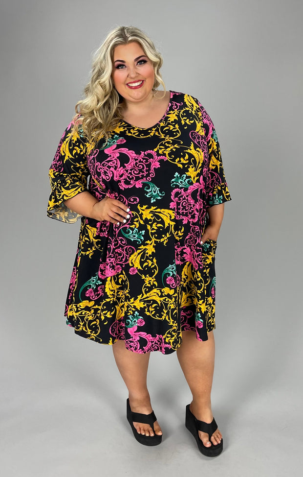 22 PQ-A {Change Your Life} Black Damask Print V-Neck Dress EXTENDED PLUS SIZE 4X 5X 6X