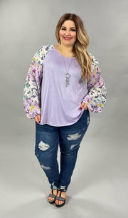 90 CP-C {Lilac Fields} Lilac Top W/Floral Sleeves PLUS SIZE 1X 2X 3X SALE!!!