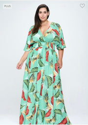 LD-D {Island Escape} Lt Green Palm Printed Lined Dress PLUS SIZE XL 2X 3X