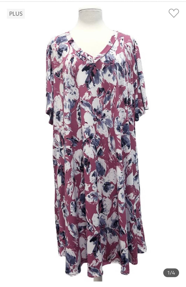 85 PSS-A {Budding Beauty} Magenta Floral V-Neck Dress PLUS SIZE XL 2X 3X