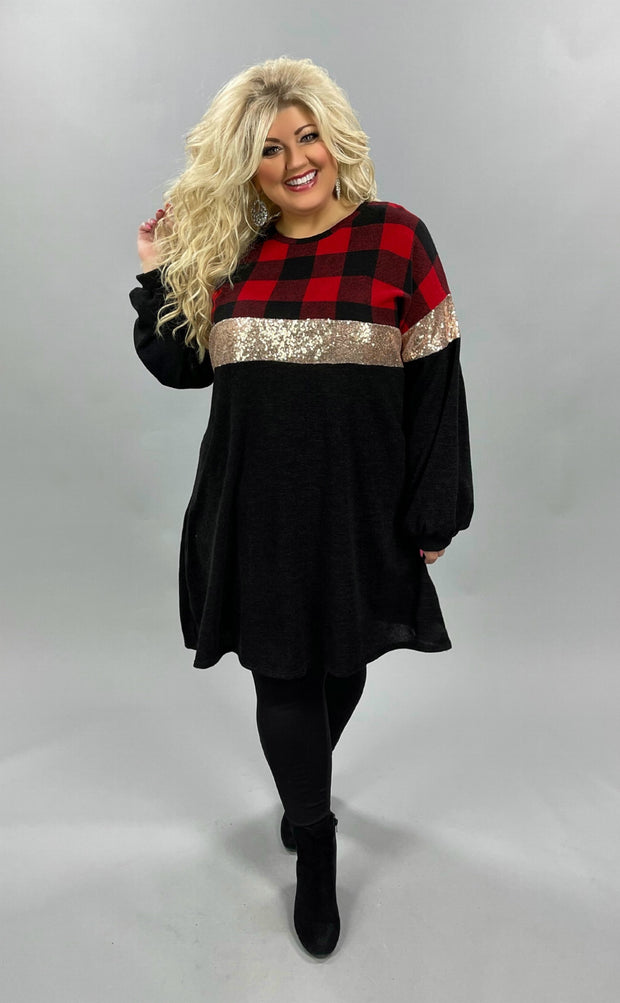 37 CP-E {Peaceful Moment} Red Black Plaid Sequin Tunic PLUS SIZE XL 2X 3X