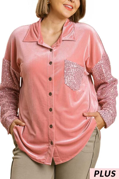 62 CP-A {Splash Of Luxury} "Umgee" Rose Sequined Velour Top PLUS SIZE XL 1X 2X