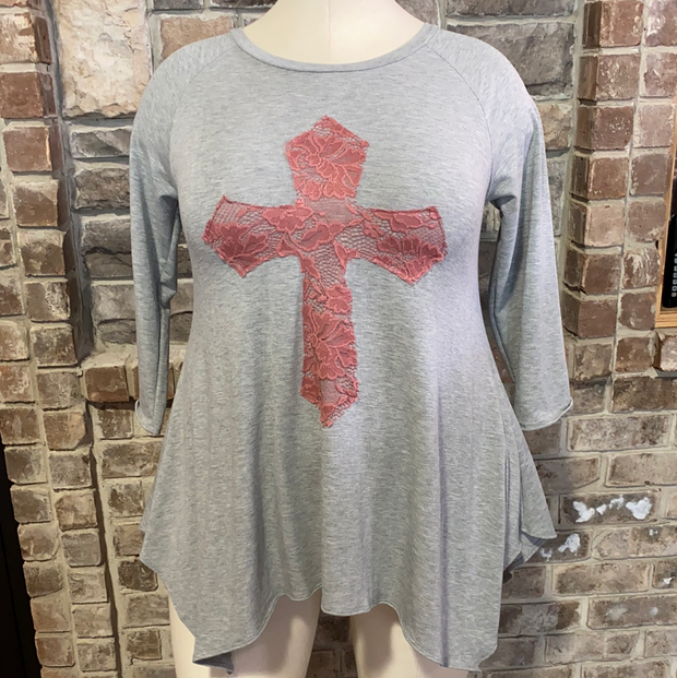 29 GT-C {Don't Cross Me} Grey Pink Cross Detail Top PLUS SIZE XL 2X 3X