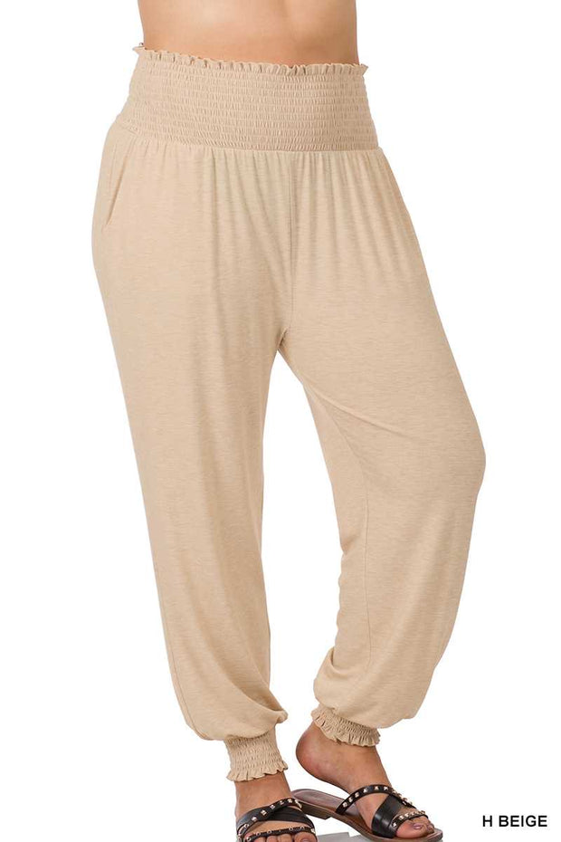 LEG-99   {Fast Forward} Sand Beige Smocked Waist Joggers PLUS SIZE 1X 2X 3X