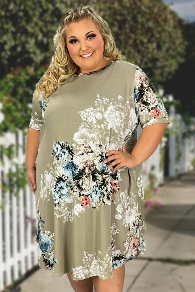 80 PSS-B {Delicate Garden} Taupe Floral Dress w/Pockets EXTENDED PLUS SIZE 3X 4X 5X