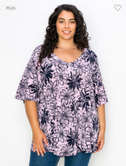 93 PSS-Y {Finishing Touch} Purple Floral V-Neck Top Extended Plus