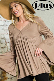 21 SLS-C  {Think About It} Mocha  V-Neck Top w/Trumpet Sleeves PLUS SIZE 1X 2X 3X