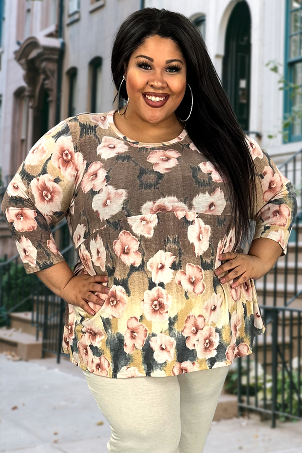 23 PQ-B {Floral Feels} Taupe/Mauve Floral Babydoll Top PLUS SIZE 1X 2X 3X