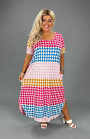 LD-L {It's All Good} Pink/Orange/Blue Houndstooth Maxi CURVY BRAND!!!! SALE!!!