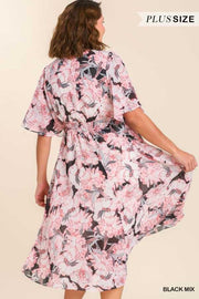 LD-L {Luxury Vibes} Umgee  SALE!! Black/Pink Floral Midi Dress PLUS SIZE XL 1X 2X