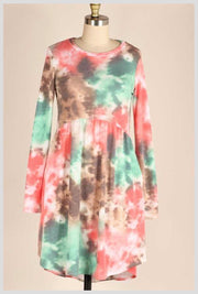 PLS-V {Stay Humble} Pink, Aqua, Brown Tie Dye Babydoll Dress PLUS SIZE 1X 2X 3X