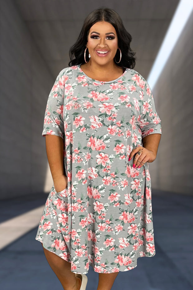 25 PSS-L {Eyes On The Prize} Grey Floral Dress w/Pockets EXTENDED PLUS SIZE 4X 5X 6X SALE!!