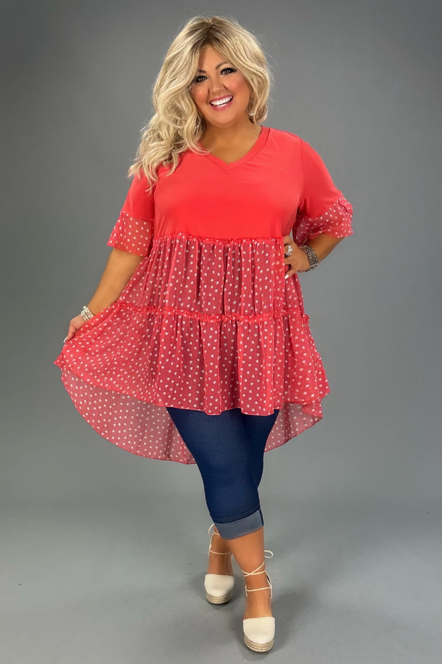34 CP-F {Ready For The Show} Coral Heart Print Chiffon Tunic CURVY BRAND!!!  EXTENDED PLUS SIZE 1X 2X 3X 4X 5X 6X