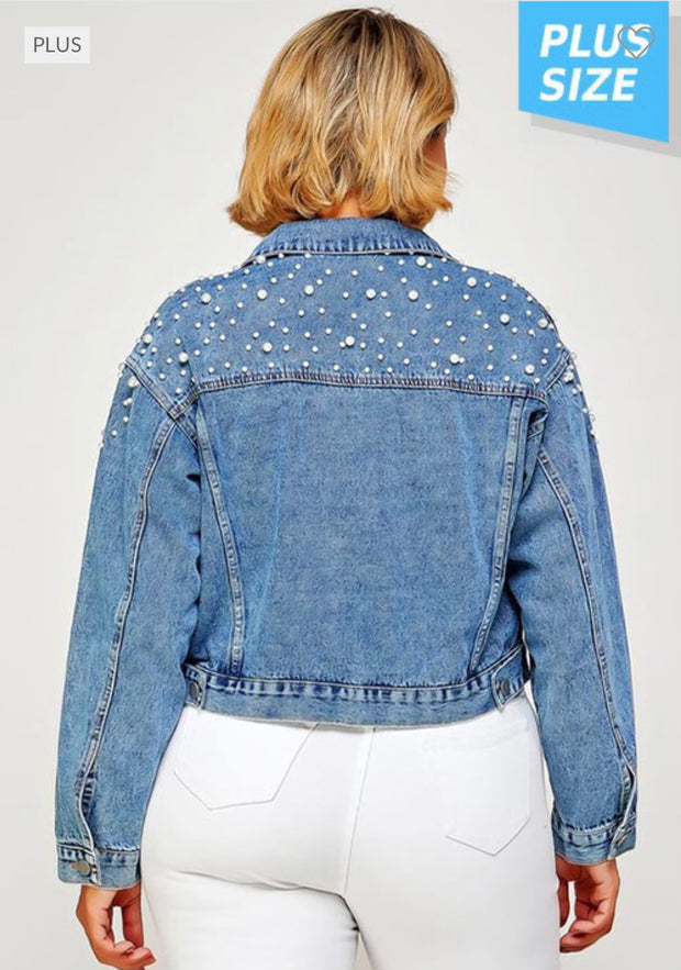 41 OT-B  {Elegant Denim} Denim Jacket with Pearl Detail (RUNS SMALL) PLUS SIZE 1X/2X 2X/3X   SALE!!!!