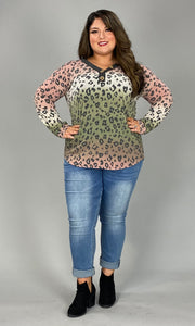 21 PLS-A {On Fire} Mauve Olive Ombre Leopard Button Top PLUS SIZE XL 2X 3X