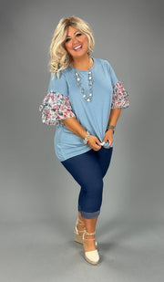 46 CP-P {Tell The World} Denim Top w/Floral Sleeve PLUS SIZE 1X 2X 3X