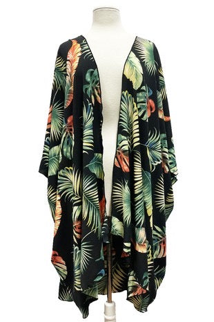 24 OT-C {The Palm Effect} Black Palm Leaf Print Kimono EXTENDED PLUS SIZE 3X 4X 5X