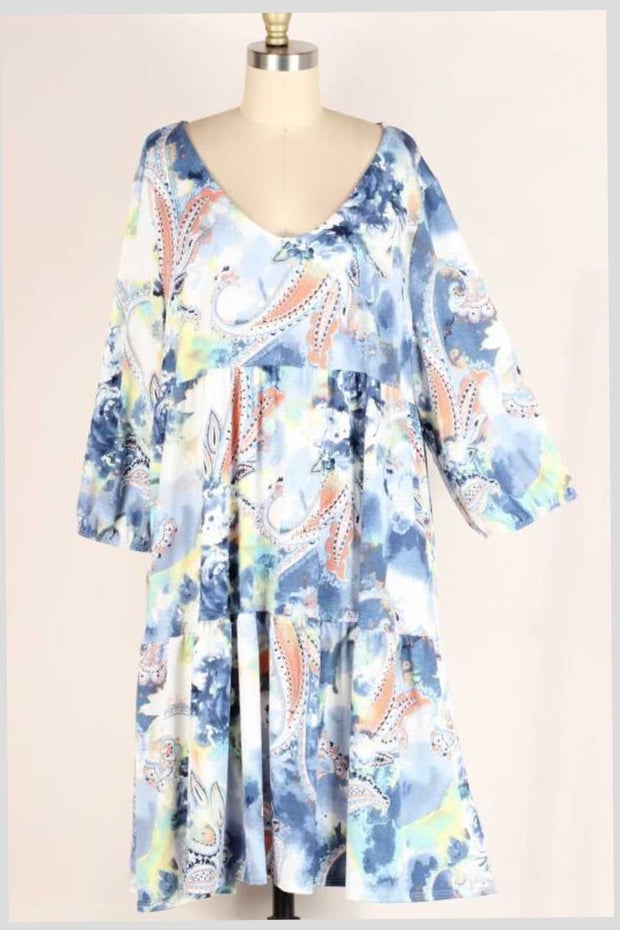 90 PQ-B {Spice Spice Baby} Ivory/Blue ***FLASH SALE***Paisley Tiered Dress EXTENDED PLUS SIZE 3X 4X 5X