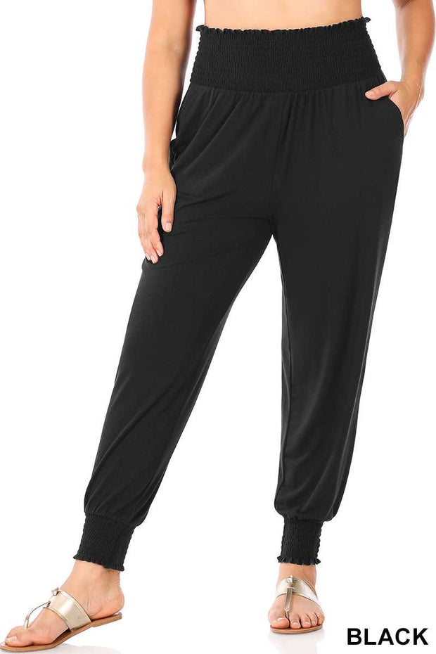 LEG-19 {Jog Around Town} Black Smocked Waist Jogger Pants PLUS SIZE XL 2X 3X