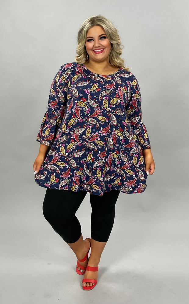 PQ-M {Simple Country LIfe} Navy Tunic W/Multi Color Paisley Print PLUS SIZE 1X 2X 3X