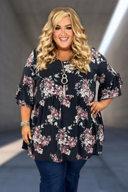 30 PSS-L {Hey Good Looking} Black Floral V-Neck Babydoll Tunic EXTENDED PLUS SIZE 3X 4X 5X