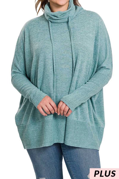 30 SLS-C {Warm Hugs} Teal Cowl w/Drawstring Neck Top PLUS SIZE XL 2X 3X