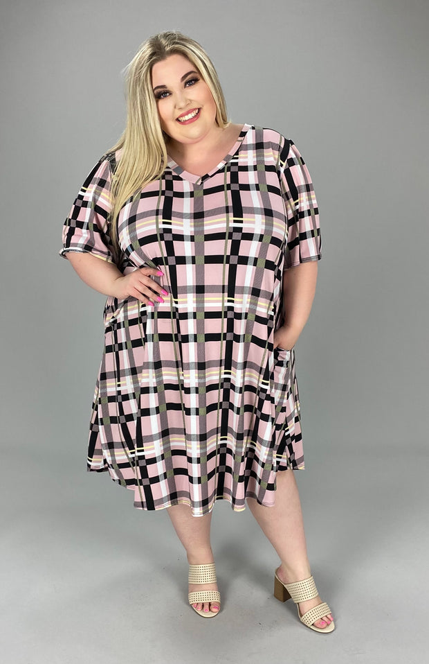 36 PSS-A {Lifeline} Pink Gingham Check V-Neck Dress PLUS SIZE 1X 2X 3X