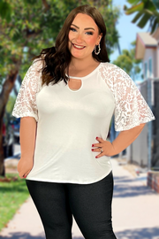 23 SSS-C {Grand Prize} Ivory Lace Sleeve Keyhole Top PLUS SIZE XL 2X 3X