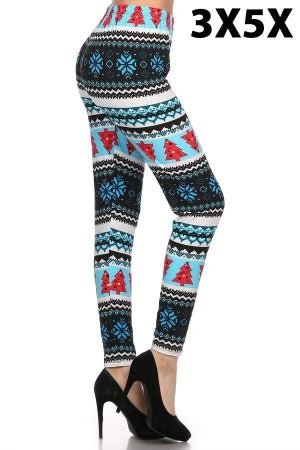 LEG - 98 {Blue Christmas} Blue Christmas Tree Print Leggings EXTENDED PLUS SIZE 3X/5X