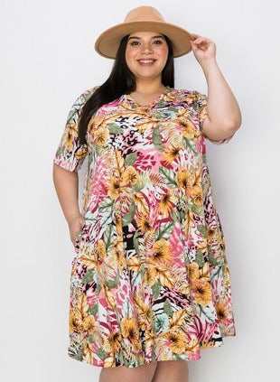 46 PSS-D {Palm Feeling} Multi-Color Leaf Print V-Neck Dress EXTENDED PLUS SIZE 3X 4X 5X