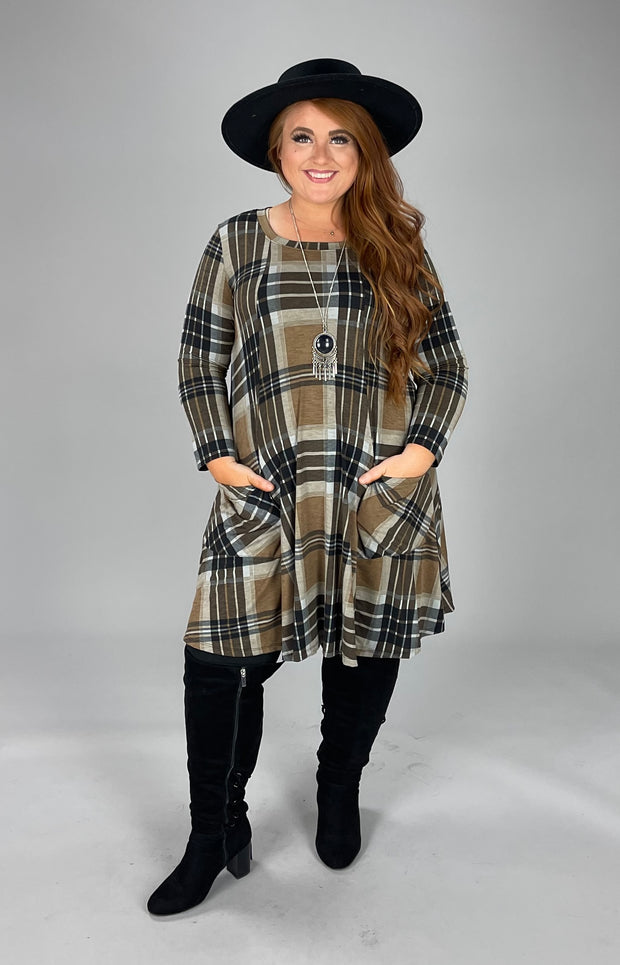 76 PLS-Z {Just That Simple} Taupe Plaid Dress W/Pockets PLUS SIZE 1X 2X 3X