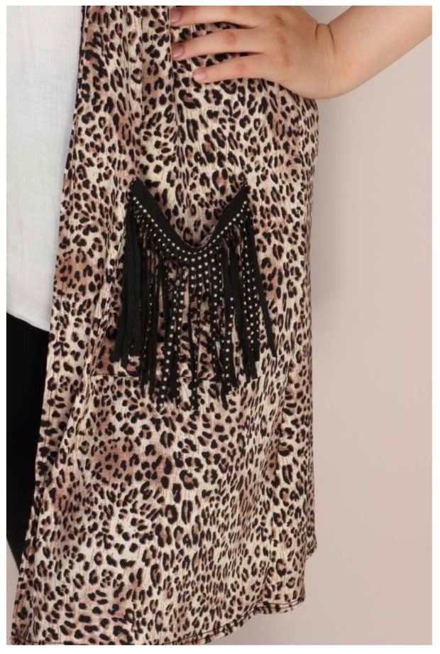 OT-Y{Winding Down} Leopard Vest Black Stud Fringe Pockets PLUS SIZE XL 2X  3X ***FLASH SALE***