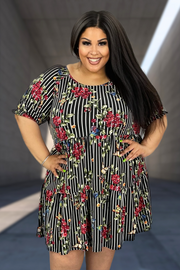 32 PSS-A {Make Me Famous} Black Stripe Floral Tiered Dress EXTENDED PLUS SIZE 3X 4X 5X
